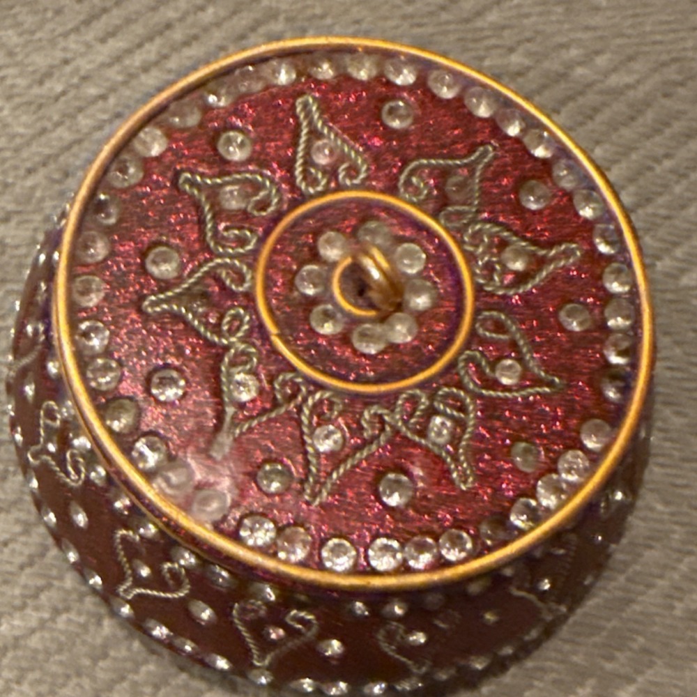 Trinket Box with Lid, Decorative Rhinestones, Small 3" Red Round Metal Glass